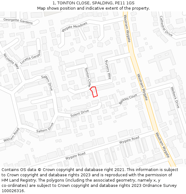 1, TOINTON CLOSE, SPALDING, PE11 1GS: Location map and indicative extent of plot