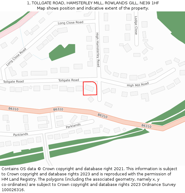 1, TOLLGATE ROAD, HAMSTERLEY MILL, ROWLANDS GILL, NE39 1HF: Location map and indicative extent of plot