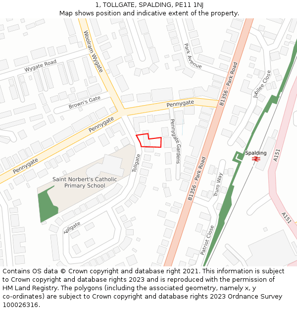 1, TOLLGATE, SPALDING, PE11 1NJ: Location map and indicative extent of plot