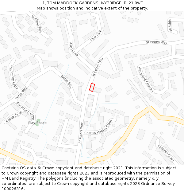 1, TOM MADDOCK GARDENS, IVYBRIDGE, PL21 0WE: Location map and indicative extent of plot