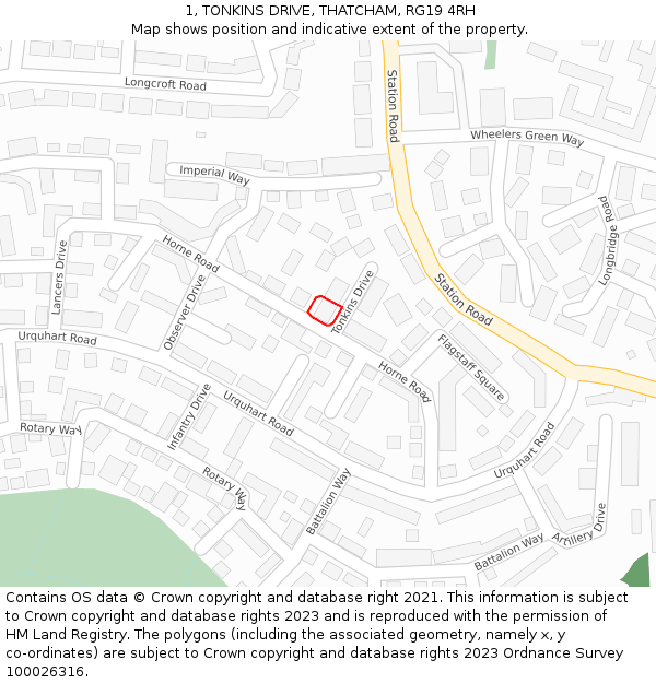 1, TONKINS DRIVE, THATCHAM, RG19 4RH: Location map and indicative extent of plot