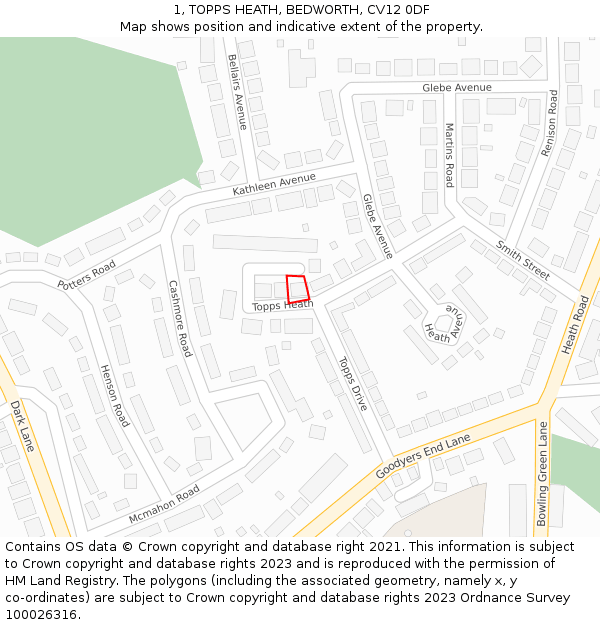 1, TOPPS HEATH, BEDWORTH, CV12 0DF: Location map and indicative extent of plot