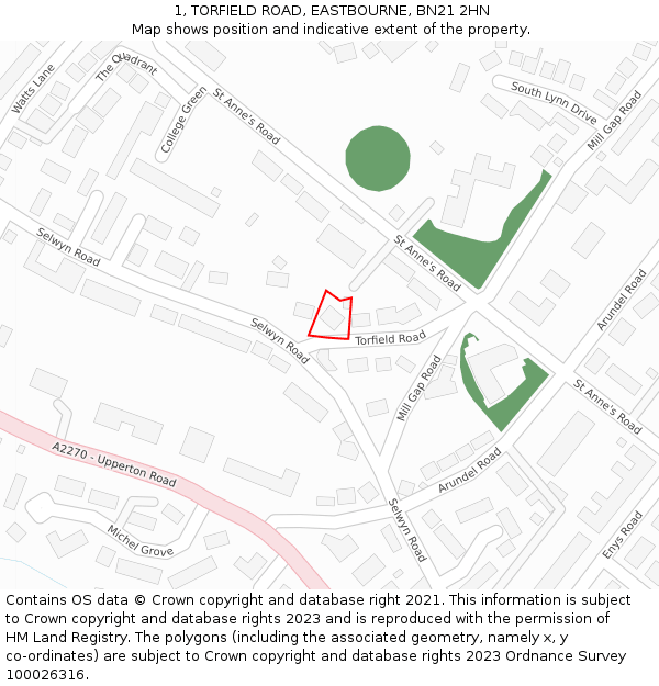 1, TORFIELD ROAD, EASTBOURNE, BN21 2HN: Location map and indicative extent of plot