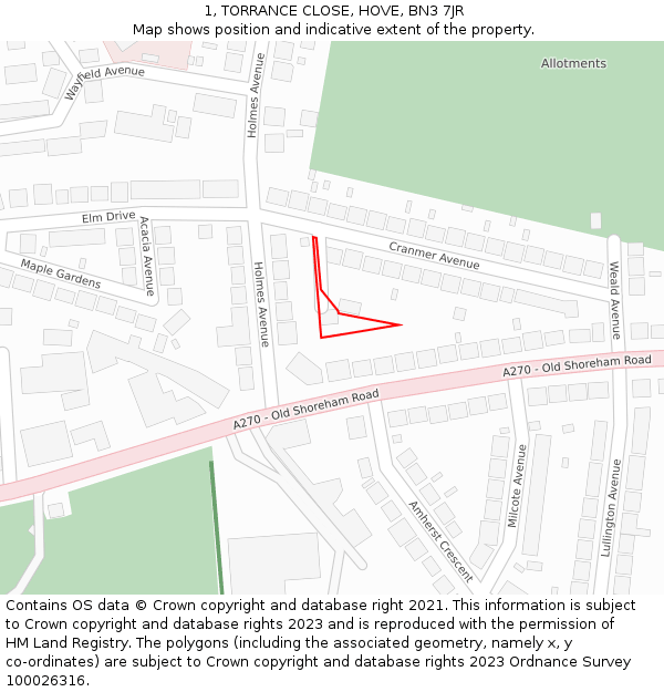 1, TORRANCE CLOSE, HOVE, BN3 7JR: Location map and indicative extent of plot
