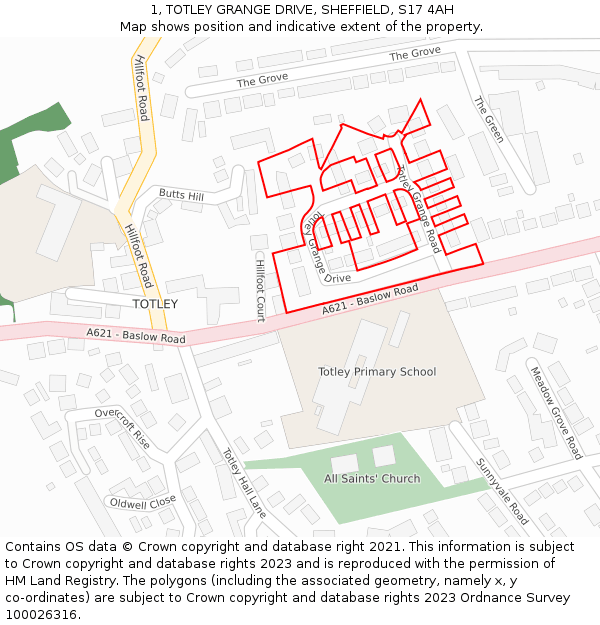 1, TOTLEY GRANGE DRIVE, SHEFFIELD, S17 4AH: Location map and indicative extent of plot