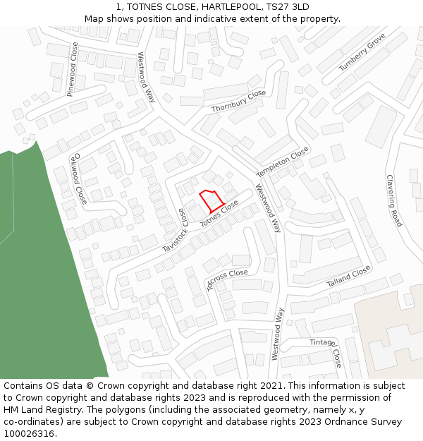 1, TOTNES CLOSE, HARTLEPOOL, TS27 3LD: Location map and indicative extent of plot