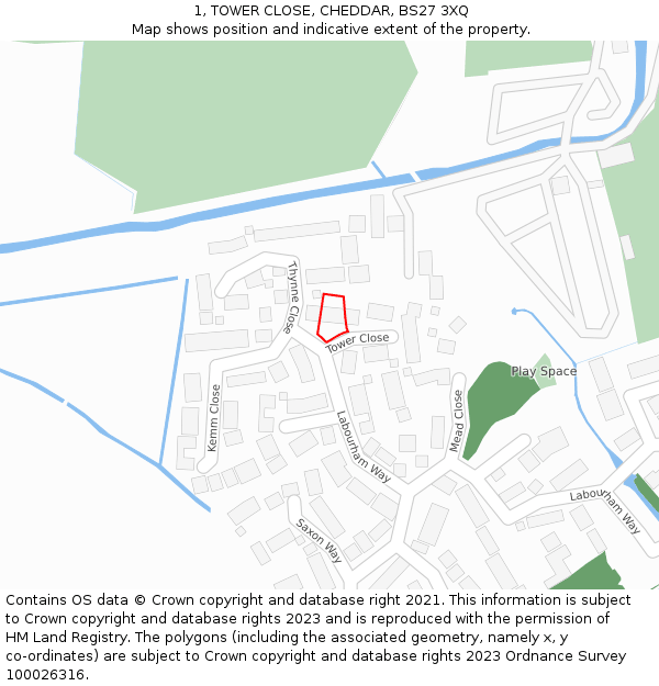 1, TOWER CLOSE, CHEDDAR, BS27 3XQ: Location map and indicative extent of plot