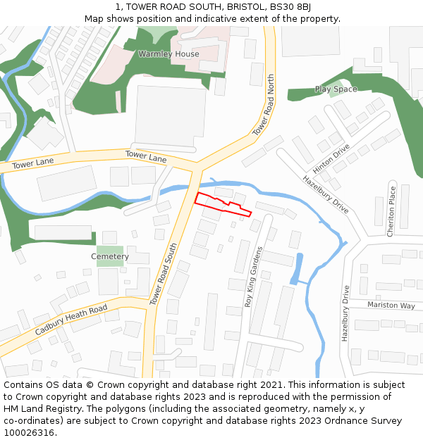 1, TOWER ROAD SOUTH, BRISTOL, BS30 8BJ: Location map and indicative extent of plot