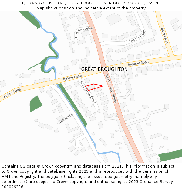 1, TOWN GREEN DRIVE, GREAT BROUGHTON, MIDDLESBROUGH, TS9 7EE: Location map and indicative extent of plot