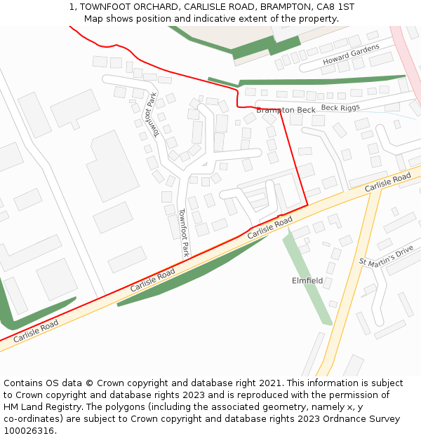 1, TOWNFOOT ORCHARD, CARLISLE ROAD, BRAMPTON, CA8 1ST: Location map and indicative extent of plot