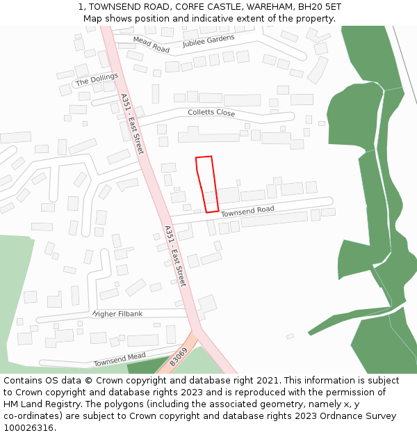 1, TOWNSEND ROAD, CORFE CASTLE, WAREHAM, BH20 5ET: Location map and indicative extent of plot