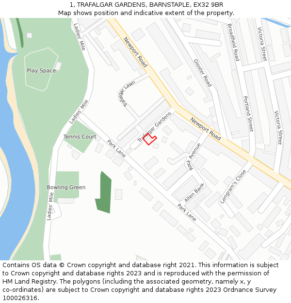 1, TRAFALGAR GARDENS, BARNSTAPLE, EX32 9BR: Location map and indicative extent of plot