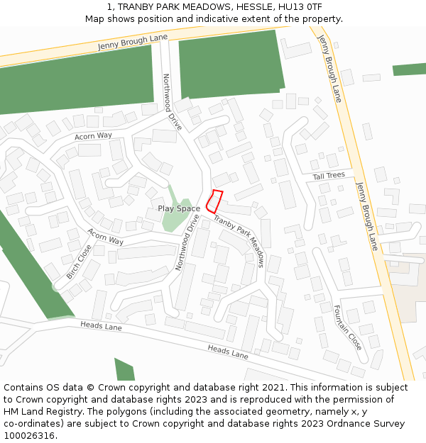 1, TRANBY PARK MEADOWS, HESSLE, HU13 0TF: Location map and indicative extent of plot