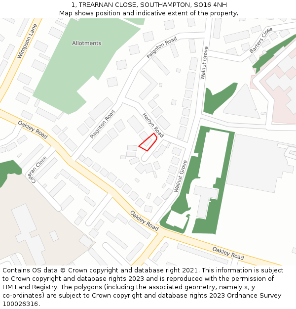 1, TREARNAN CLOSE, SOUTHAMPTON, SO16 4NH: Location map and indicative extent of plot