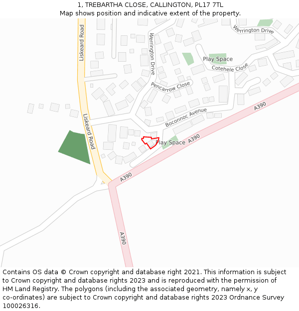 1, TREBARTHA CLOSE, CALLINGTON, PL17 7TL: Location map and indicative extent of plot