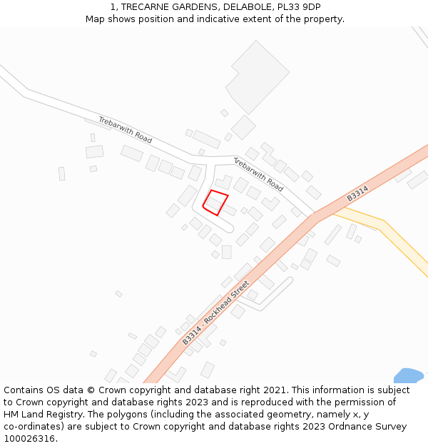 1, TRECARNE GARDENS, DELABOLE, PL33 9DP: Location map and indicative extent of plot