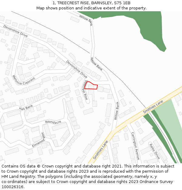 1, TREECREST RISE, BARNSLEY, S75 1EB: Location map and indicative extent of plot