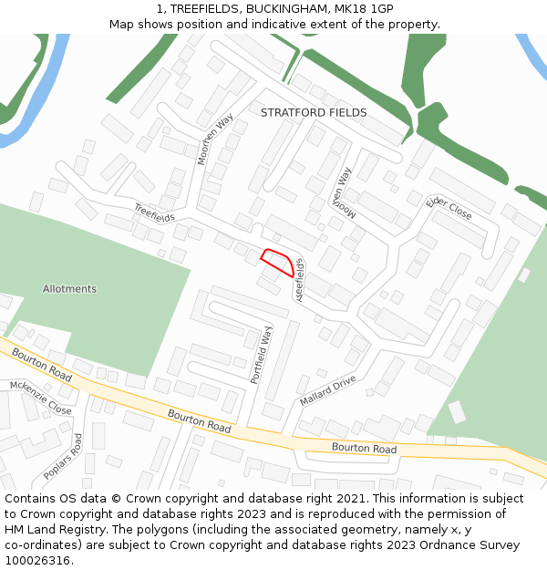 1, TREEFIELDS, BUCKINGHAM, MK18 1GP: Location map and indicative extent of plot