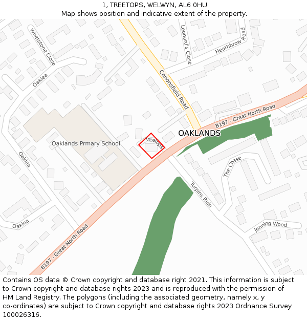 1, TREETOPS, WELWYN, AL6 0HU: Location map and indicative extent of plot