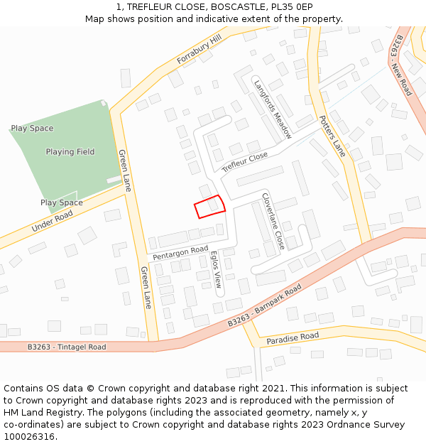 1, TREFLEUR CLOSE, BOSCASTLE, PL35 0EP: Location map and indicative extent of plot