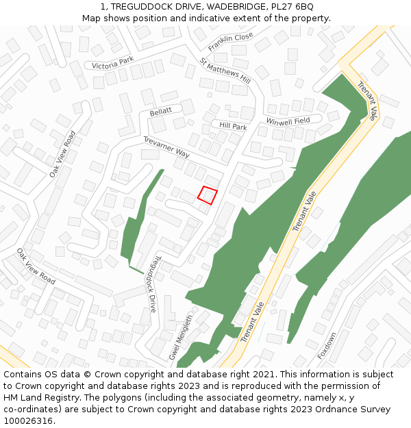 1, TREGUDDOCK DRIVE, WADEBRIDGE, PL27 6BQ: Location map and indicative extent of plot