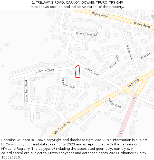 1, TRELAWNE ROAD, CARNON DOWNS, TRURO, TR3 6HP: Location map and indicative extent of plot