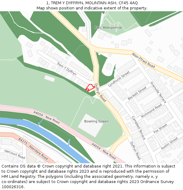 1, TREM Y DYFFRYN, MOUNTAIN ASH, CF45 4AQ: Location map and indicative extent of plot