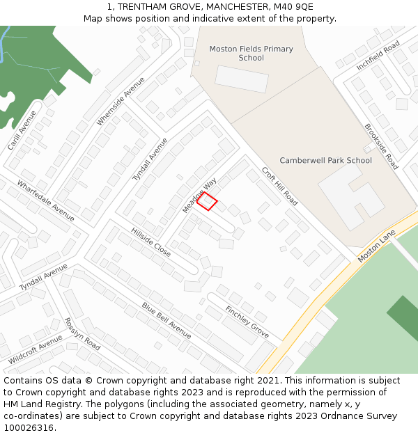 1, TRENTHAM GROVE, MANCHESTER, M40 9QE: Location map and indicative extent of plot