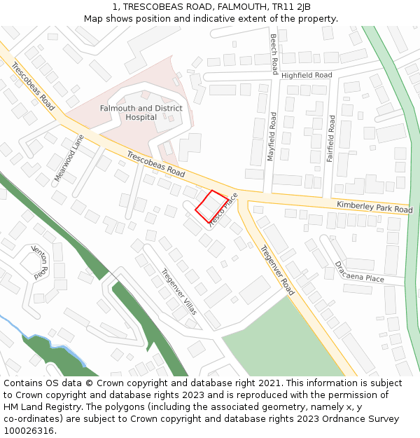 1, TRESCOBEAS ROAD, FALMOUTH, TR11 2JB: Location map and indicative extent of plot