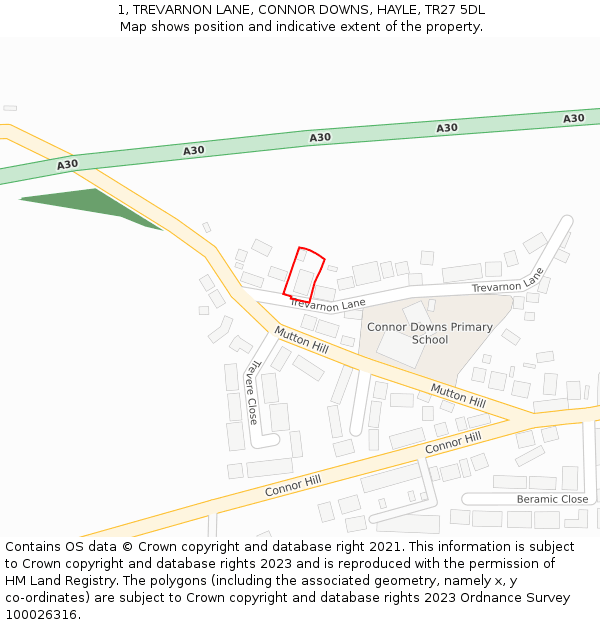 1, TREVARNON LANE, CONNOR DOWNS, HAYLE, TR27 5DL: Location map and indicative extent of plot