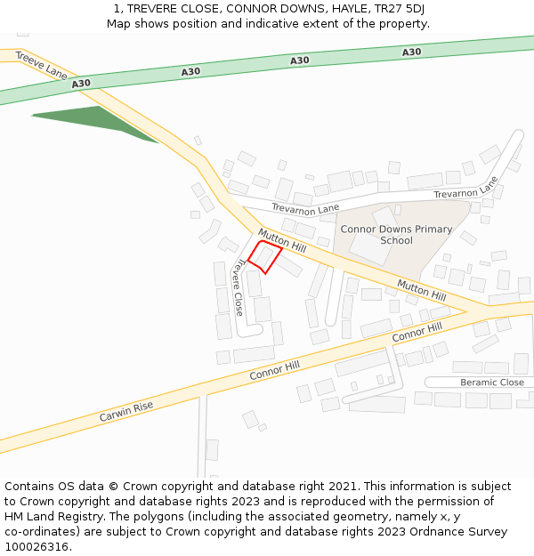1, TREVERE CLOSE, CONNOR DOWNS, HAYLE, TR27 5DJ: Location map and indicative extent of plot