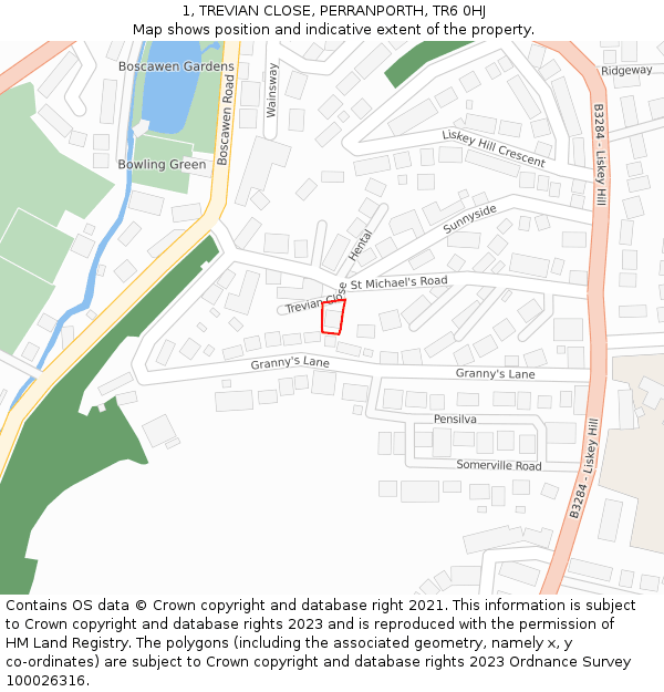 1, TREVIAN CLOSE, PERRANPORTH, TR6 0HJ: Location map and indicative extent of plot