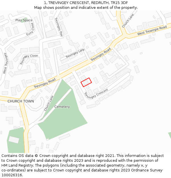 1, TREVINGEY CRESCENT, REDRUTH, TR15 3DF: Location map and indicative extent of plot