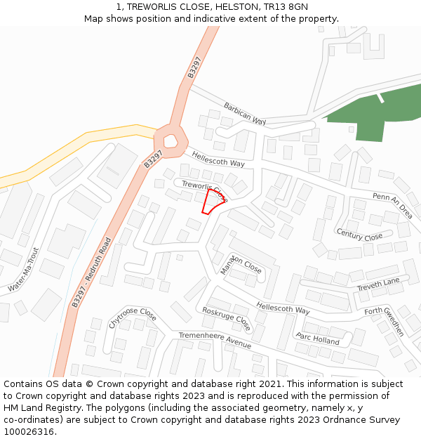 1, TREWORLIS CLOSE, HELSTON, TR13 8GN: Location map and indicative extent of plot