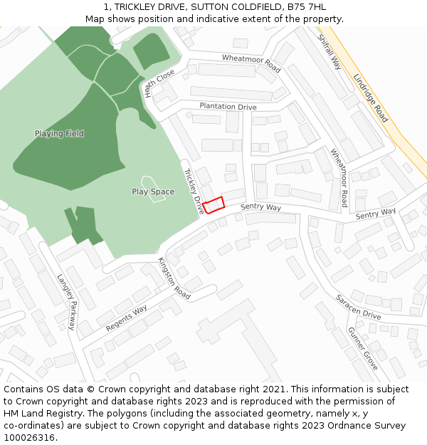 1, TRICKLEY DRIVE, SUTTON COLDFIELD, B75 7HL: Location map and indicative extent of plot