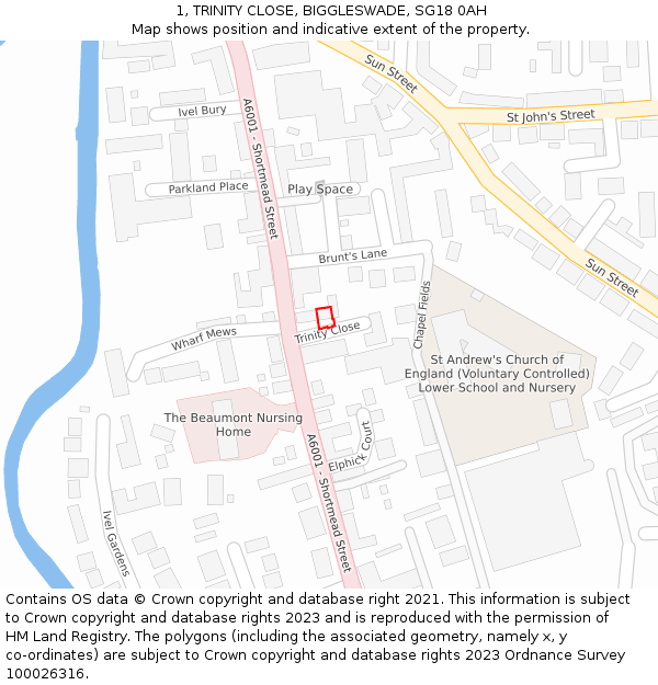 1, TRINITY CLOSE, BIGGLESWADE, SG18 0AH: Location map and indicative extent of plot