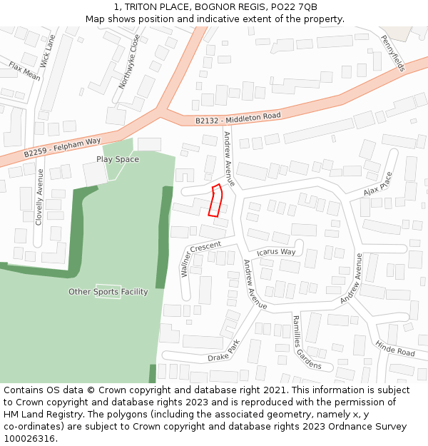 1, TRITON PLACE, BOGNOR REGIS, PO22 7QB: Location map and indicative extent of plot