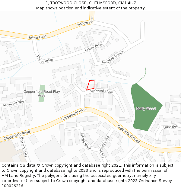 1, TROTWOOD CLOSE, CHELMSFORD, CM1 4UZ: Location map and indicative extent of plot