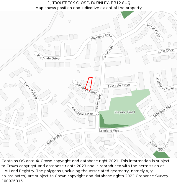 1, TROUTBECK CLOSE, BURNLEY, BB12 8UQ: Location map and indicative extent of plot