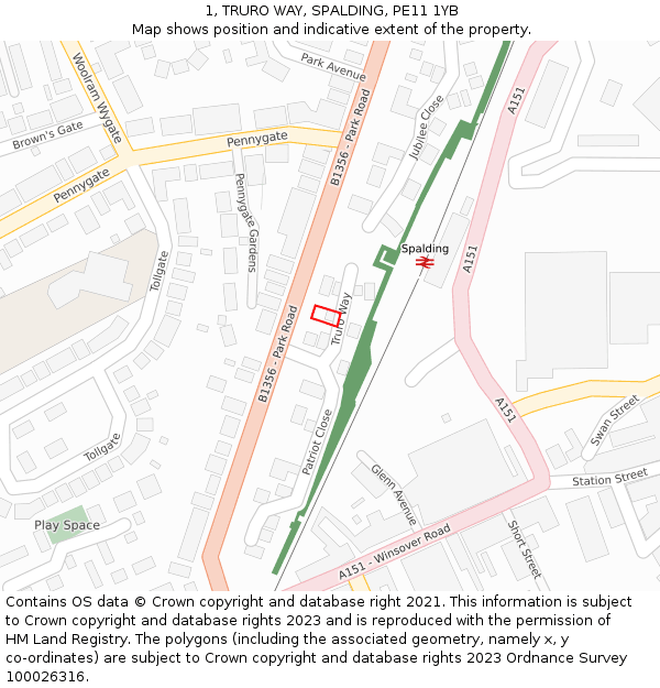 1, TRURO WAY, SPALDING, PE11 1YB: Location map and indicative extent of plot