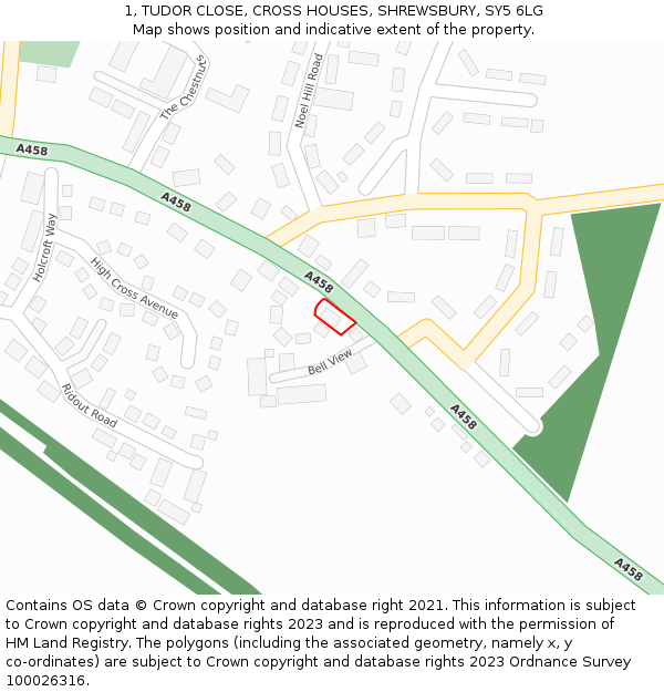 1, TUDOR CLOSE, CROSS HOUSES, SHREWSBURY, SY5 6LG: Location map and indicative extent of plot