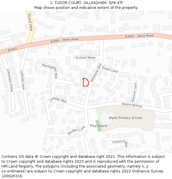 1, TUDOR COURT, GILLINGHAM, SP8 4TF: Location map and indicative extent of plot