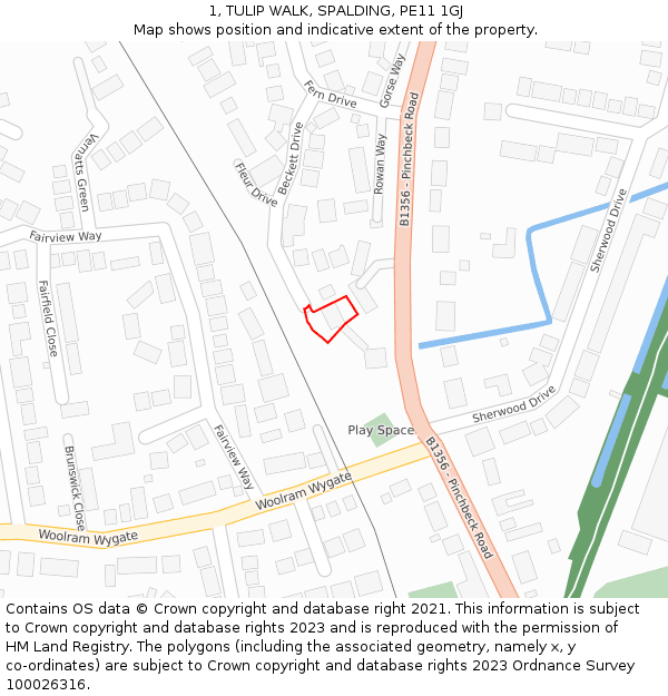 1, TULIP WALK, SPALDING, PE11 1GJ: Location map and indicative extent of plot