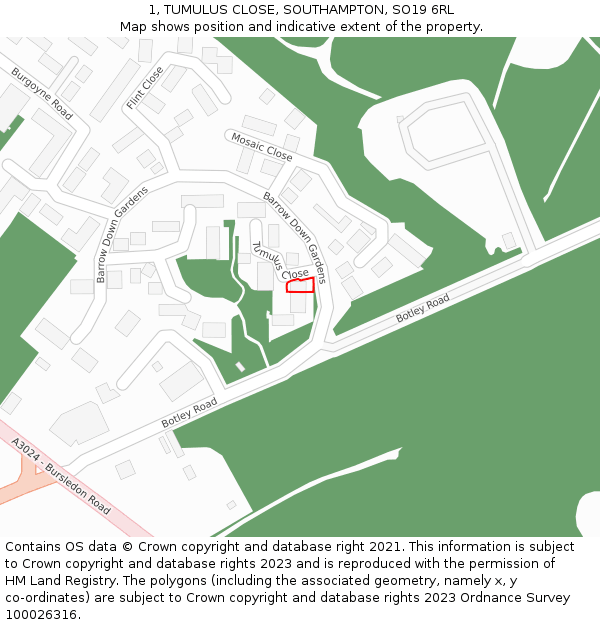 1, TUMULUS CLOSE, SOUTHAMPTON, SO19 6RL: Location map and indicative extent of plot