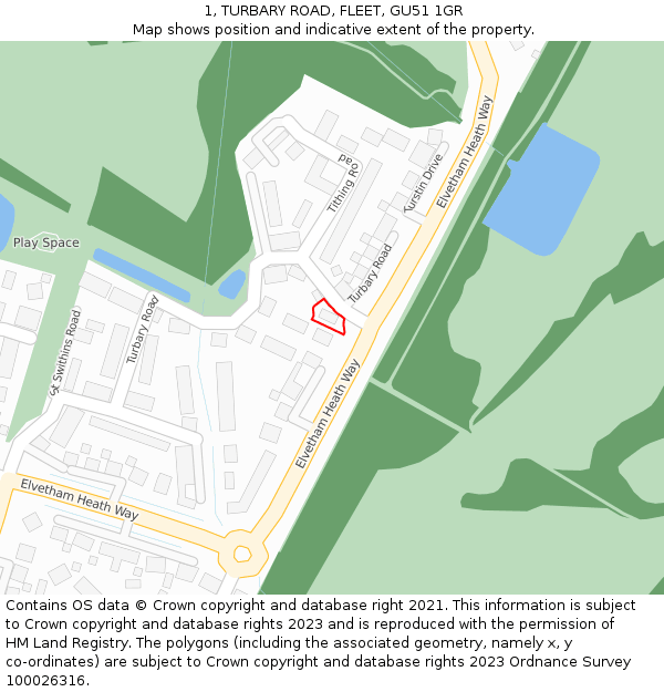 1, TURBARY ROAD, FLEET, GU51 1GR: Location map and indicative extent of plot