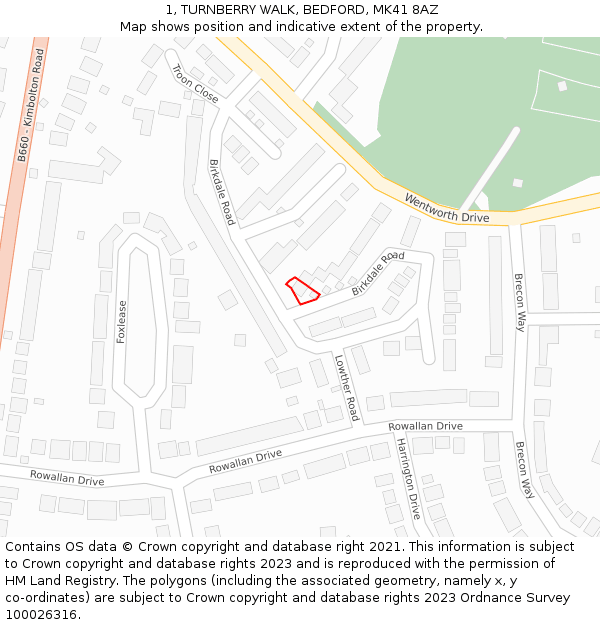 1, TURNBERRY WALK, BEDFORD, MK41 8AZ: Location map and indicative extent of plot