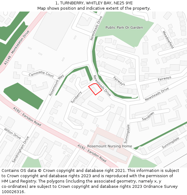 1, TURNBERRY, WHITLEY BAY, NE25 9YE: Location map and indicative extent of plot