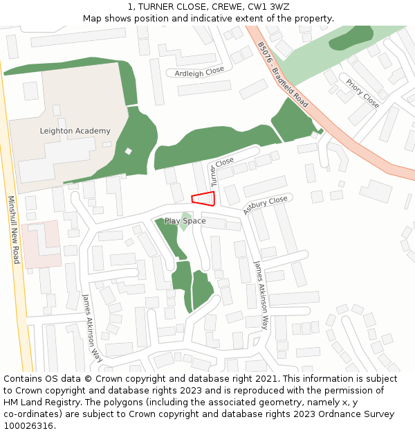 1, TURNER CLOSE, CREWE, CW1 3WZ: Location map and indicative extent of plot