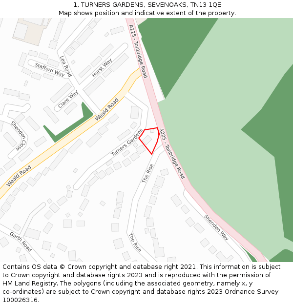 1, TURNERS GARDENS, SEVENOAKS, TN13 1QE: Location map and indicative extent of plot