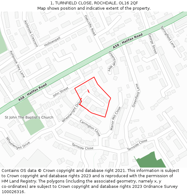 1, TURNFIELD CLOSE, ROCHDALE, OL16 2QF: Location map and indicative extent of plot